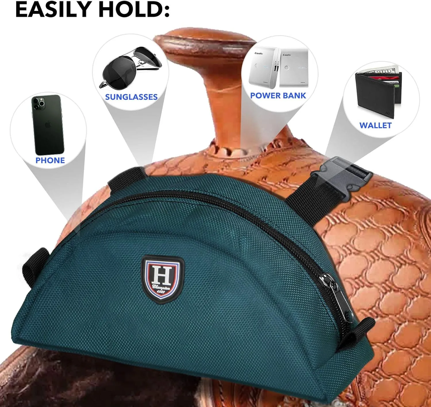 Harrison Howard Saddle Pommel Pocket with Durable Waterproof Fabric Pouch for Western Saddle
