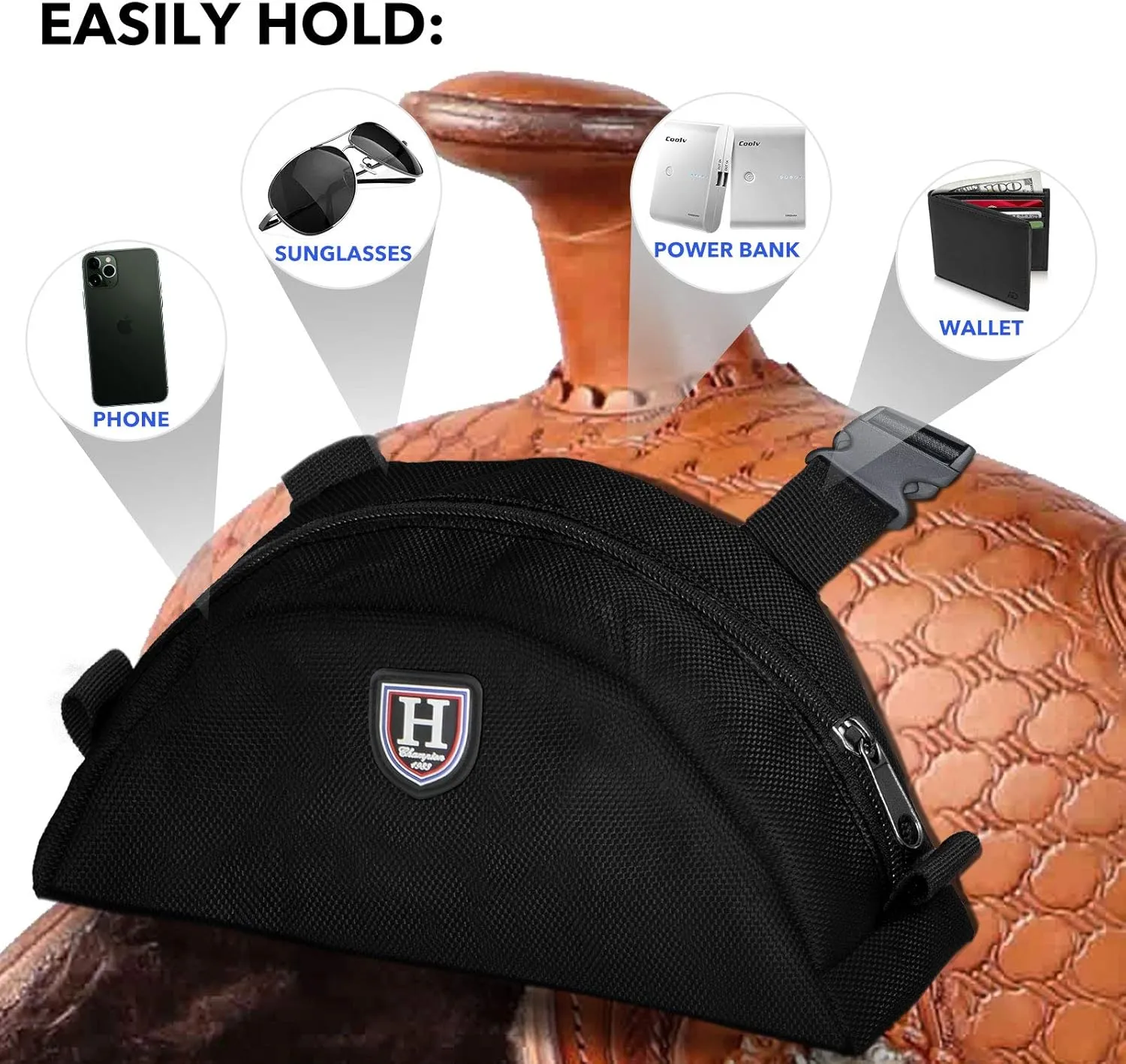 Harrison Howard Saddle Pommel Pocket with Durable Waterproof Fabric Pouch for Western Saddle