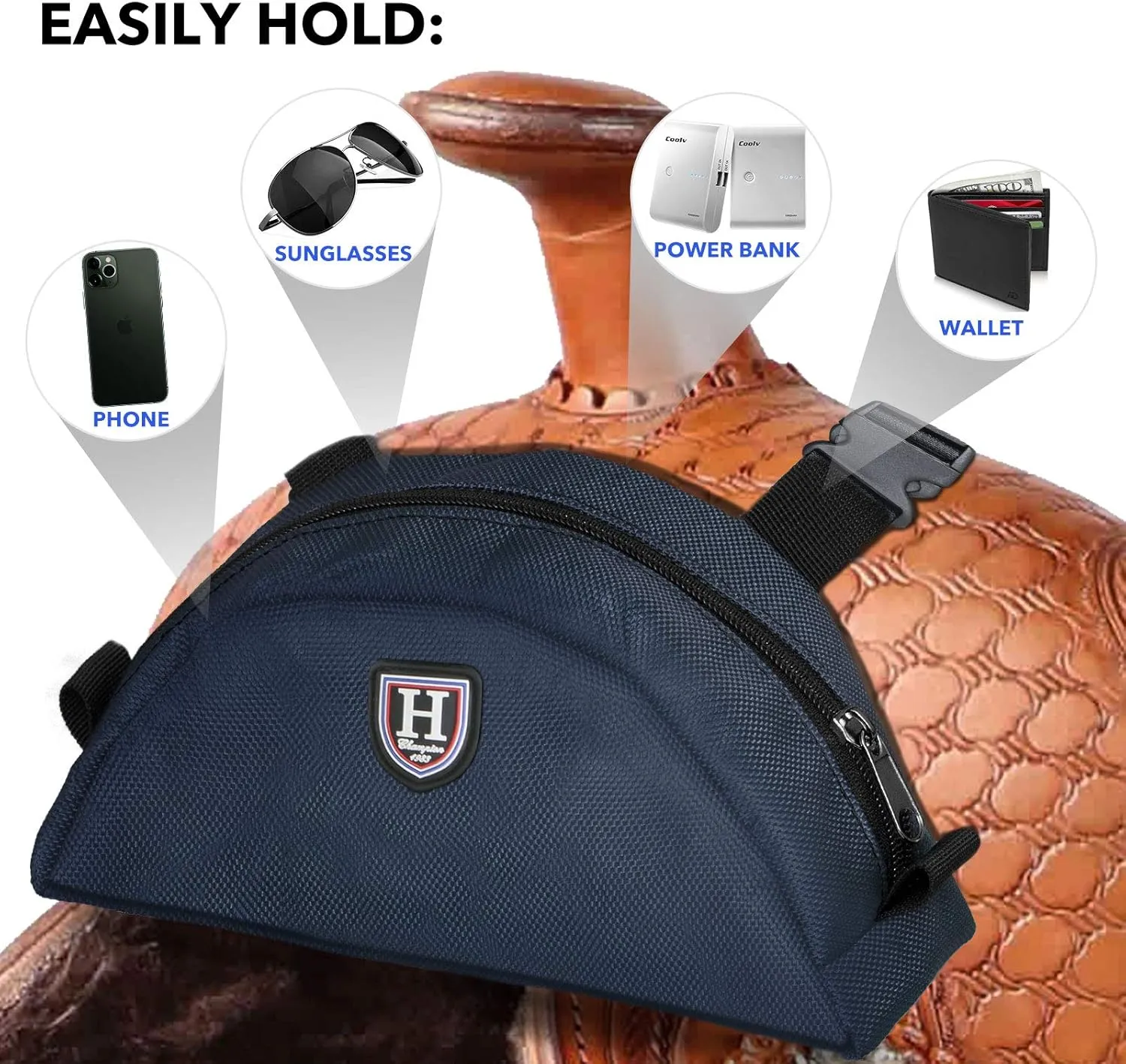 Harrison Howard Saddle Pommel Pocket with Durable Waterproof Fabric Pouch for Western Saddle