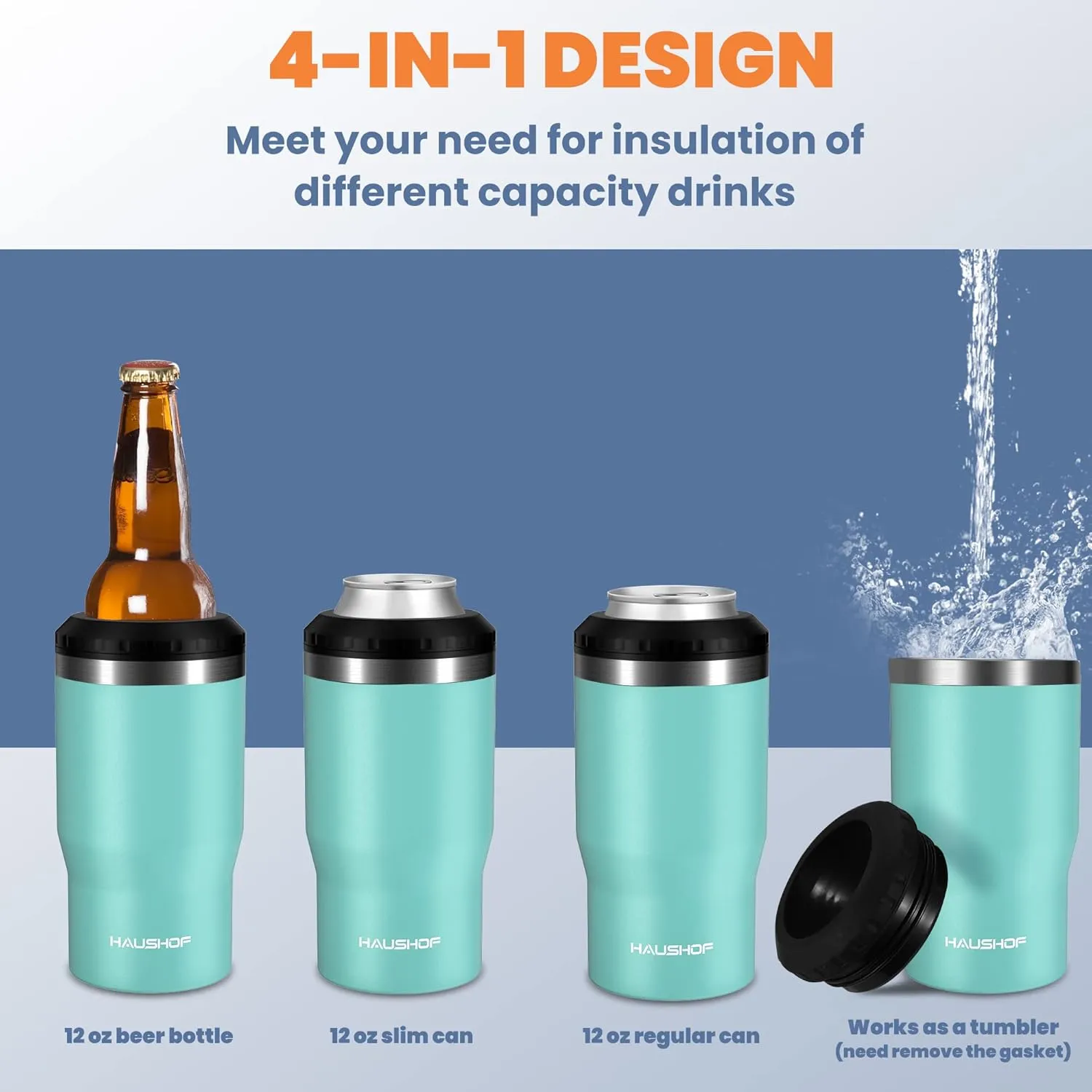 HAUSHOF 12 oz Can Cooler, 4 in 1 Insulated Stainless Steel Can Insulator, Fits for 12 oz Standard Can|12 oz Slim Can|12 oz Beer Bottle, Perfect for Camping, Beach, Picnic