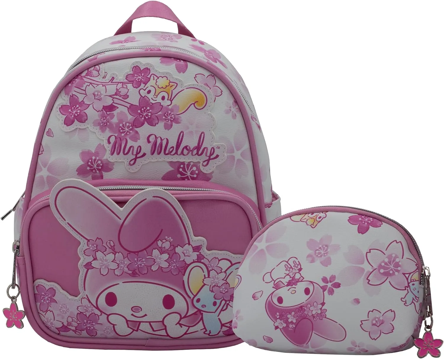 Hello Kitty My Melody 2 Piece Mini PU Backpack Purse, Sanrio Kawaii Shoulder Bag with Epoxy Filled Metal flower Charm & Utility Pouch, 10.5 Inch Anime Travel Bag, Faux Leather