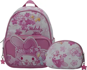 Hello Kitty My Melody 2 Piece Mini PU Backpack Purse, Sanrio Kawaii Shoulder Bag with Epoxy Filled Metal flower Charm & Utility Pouch, 10.5 Inch Anime Travel Bag, Faux Leather