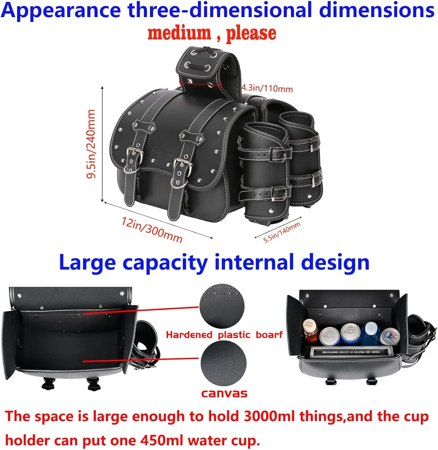 High-density Leather Motorcycle Saddlebags-Throw Over Saddle bags Panniers Side Bags with cup holder,Waterproof,Side Tool Bag,Storage Tool Bag for Motorbike,Universal,1Pair, M (Black2)