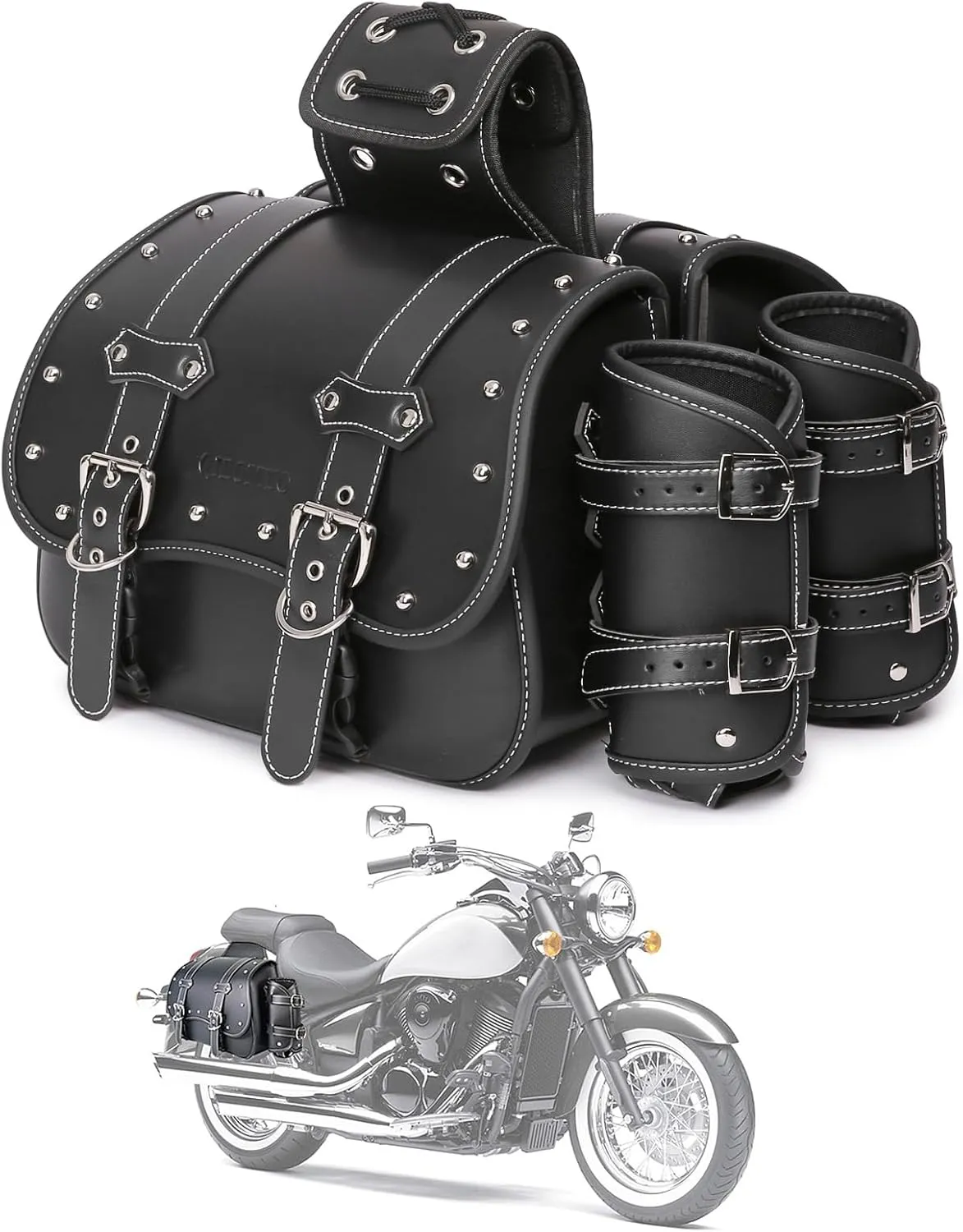 High-density Leather Motorcycle Saddlebags-Throw Over Saddle bags Panniers Side Bags with cup holder,Waterproof,Side Tool Bag,Storage Tool Bag for Motorbike,Universal,1Pair, M (Black2)