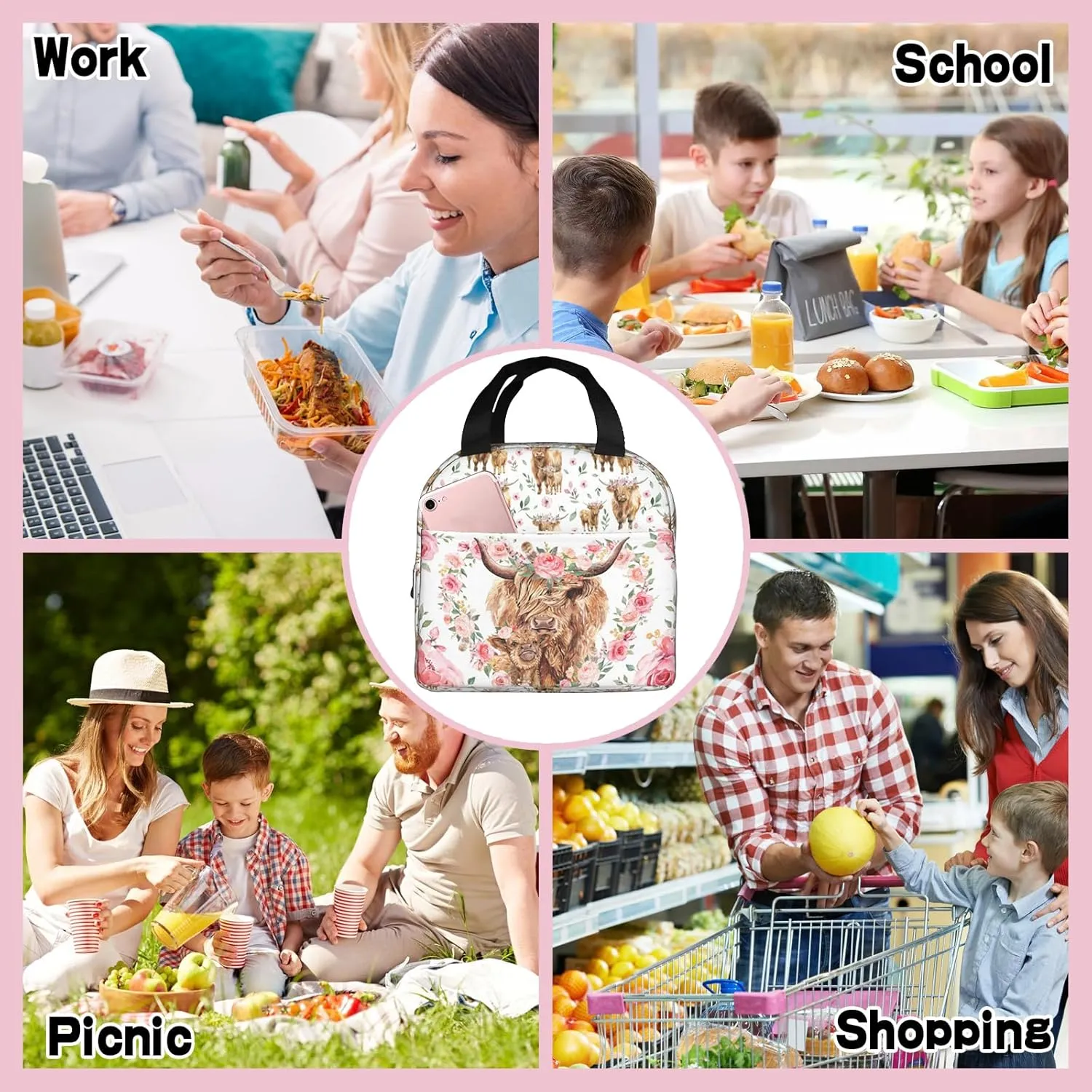 Highland Cow Print Lunch Box, Highland Cow Pink Floral Insulated Lunch Bag Cooler Tote Bag Reusable Lunch Box For Women Men Adult For Work Office Travel Picnic
