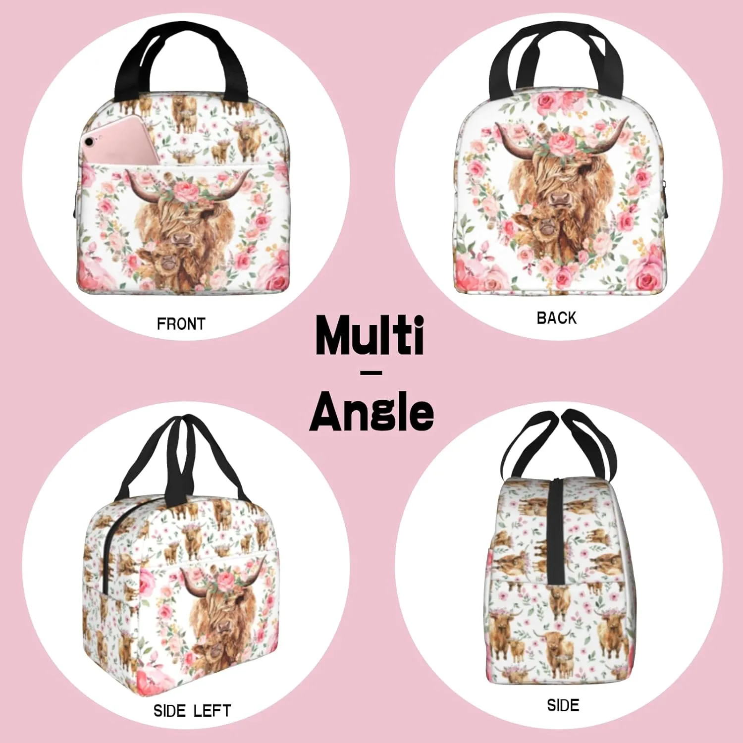 Highland Cow Print Lunch Box, Highland Cow Pink Floral Insulated Lunch Bag Cooler Tote Bag Reusable Lunch Box For Women Men Adult For Work Office Travel Picnic