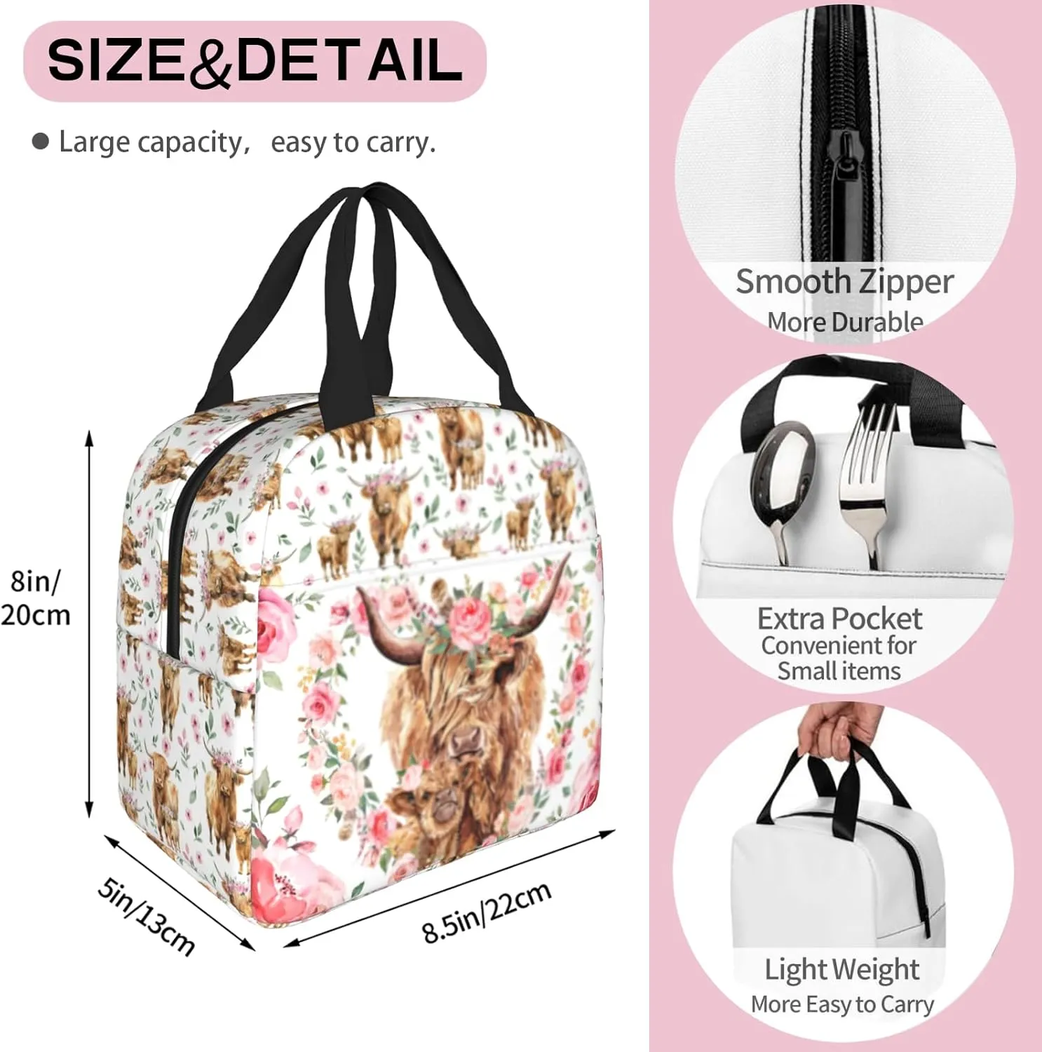 Highland Cow Print Lunch Box, Highland Cow Pink Floral Insulated Lunch Bag Cooler Tote Bag Reusable Lunch Box For Women Men Adult For Work Office Travel Picnic
