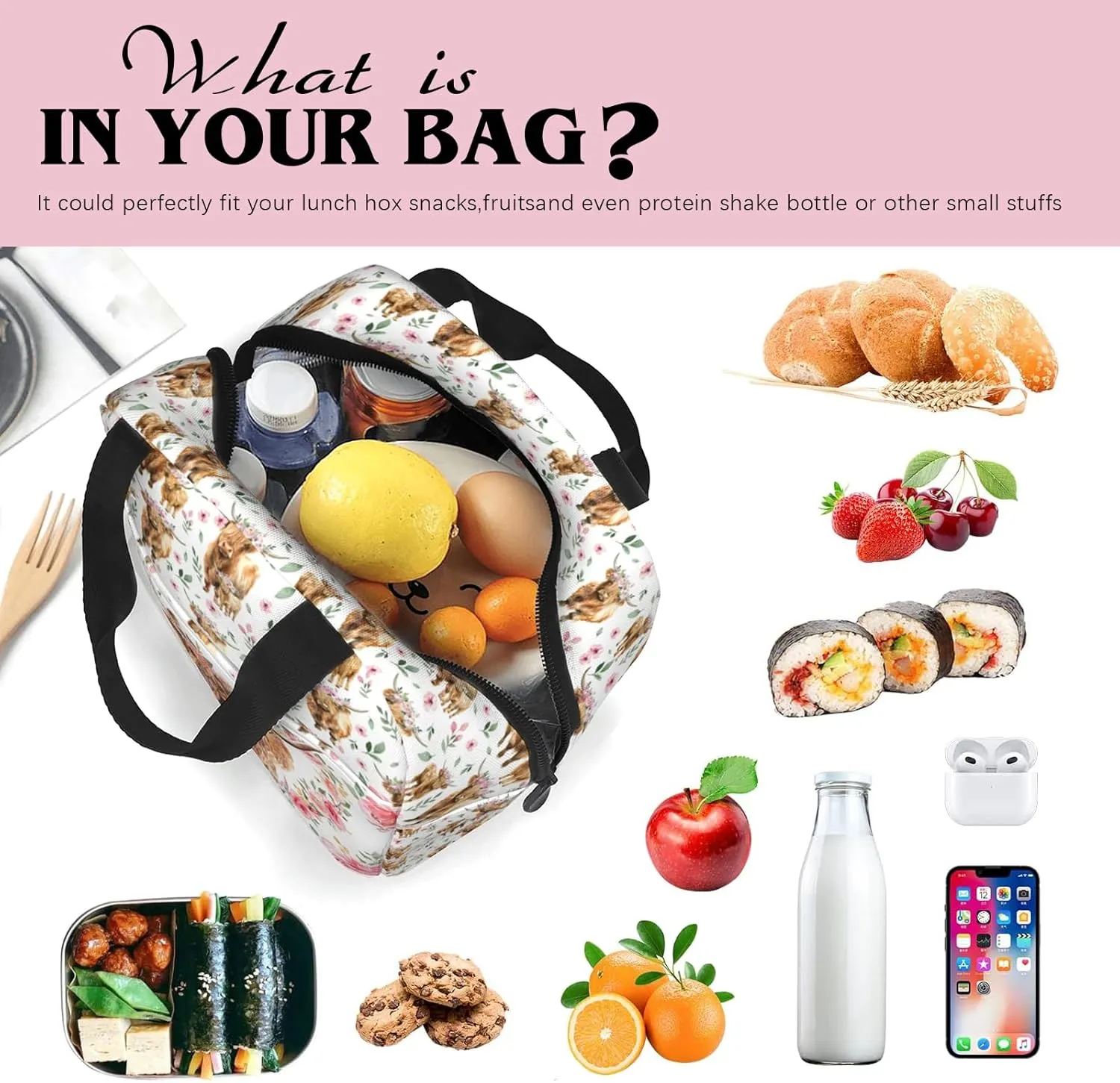 Highland Cow Print Lunch Box, Highland Cow Pink Floral Insulated Lunch Bag Cooler Tote Bag Reusable Lunch Box For Women Men Adult For Work Office Travel Picnic