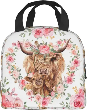 Highland Cow Print Lunch Box, Highland Cow Pink Floral Insulated Lunch Bag Cooler Tote Bag Reusable Lunch Box For Women Men Adult For Work Office Travel Picnic