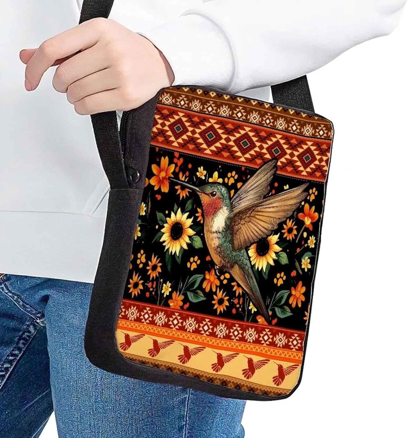 HUGS IDEA Aztec Tribal Hummingbird Messenger Bag for Women Crossbody Shoulder Bag for Women Men Small Sling Bag Mini Man Cell Phone Purse Wallet Small Side Bags