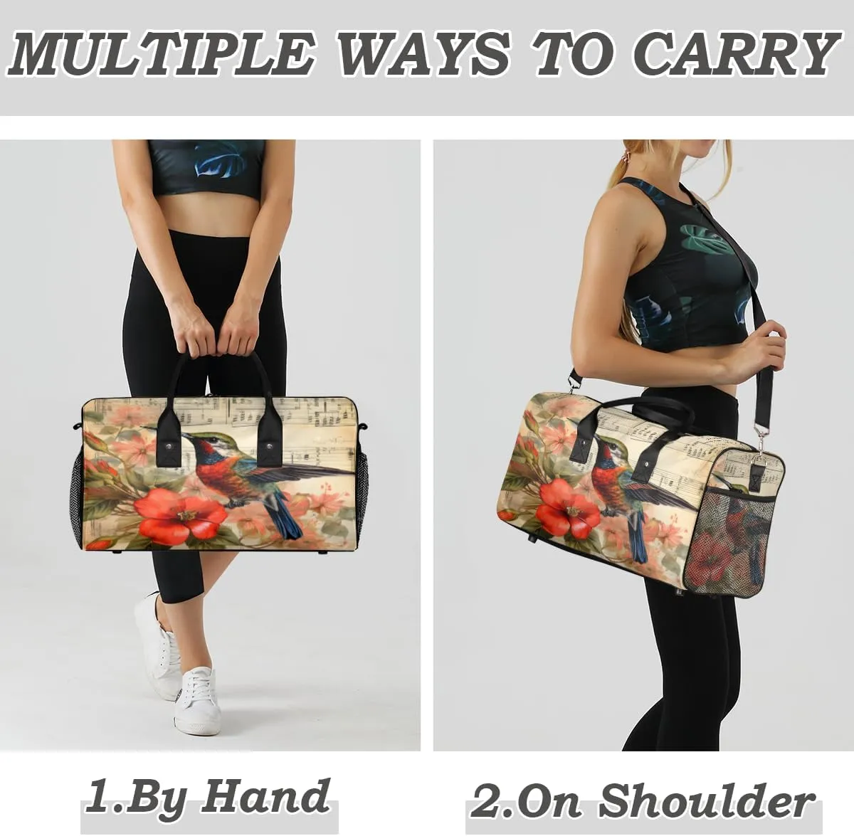 Hummingbird Travel Duffle Bag for Women Men Foldable Waterproof Weekender Bag Carry on Tote for Overnight Sports Gym Musical Note Hummingbirds