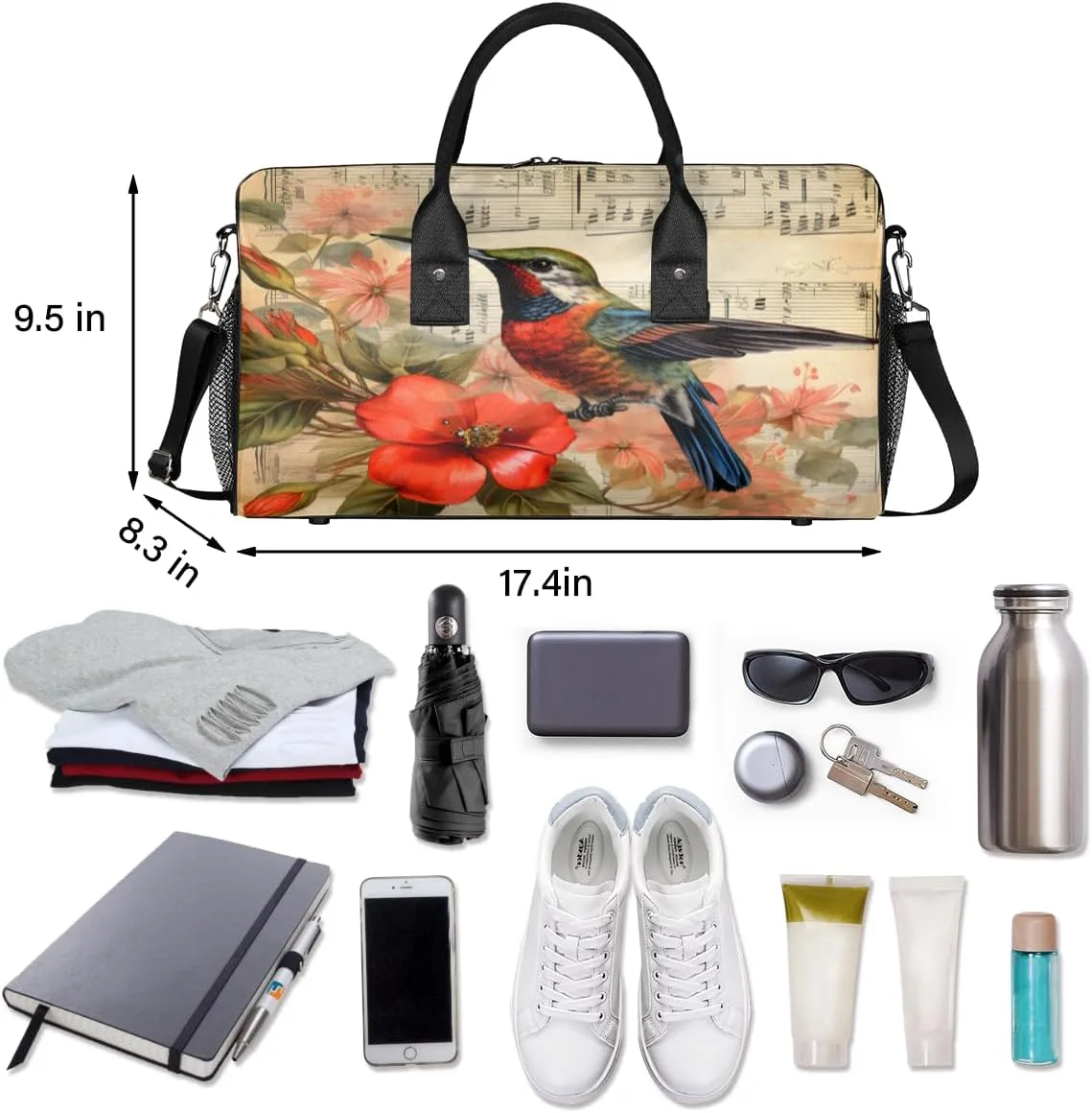 Hummingbird Travel Duffle Bag for Women Men Foldable Waterproof Weekender Bag Carry on Tote for Overnight Sports Gym Musical Note Hummingbirds