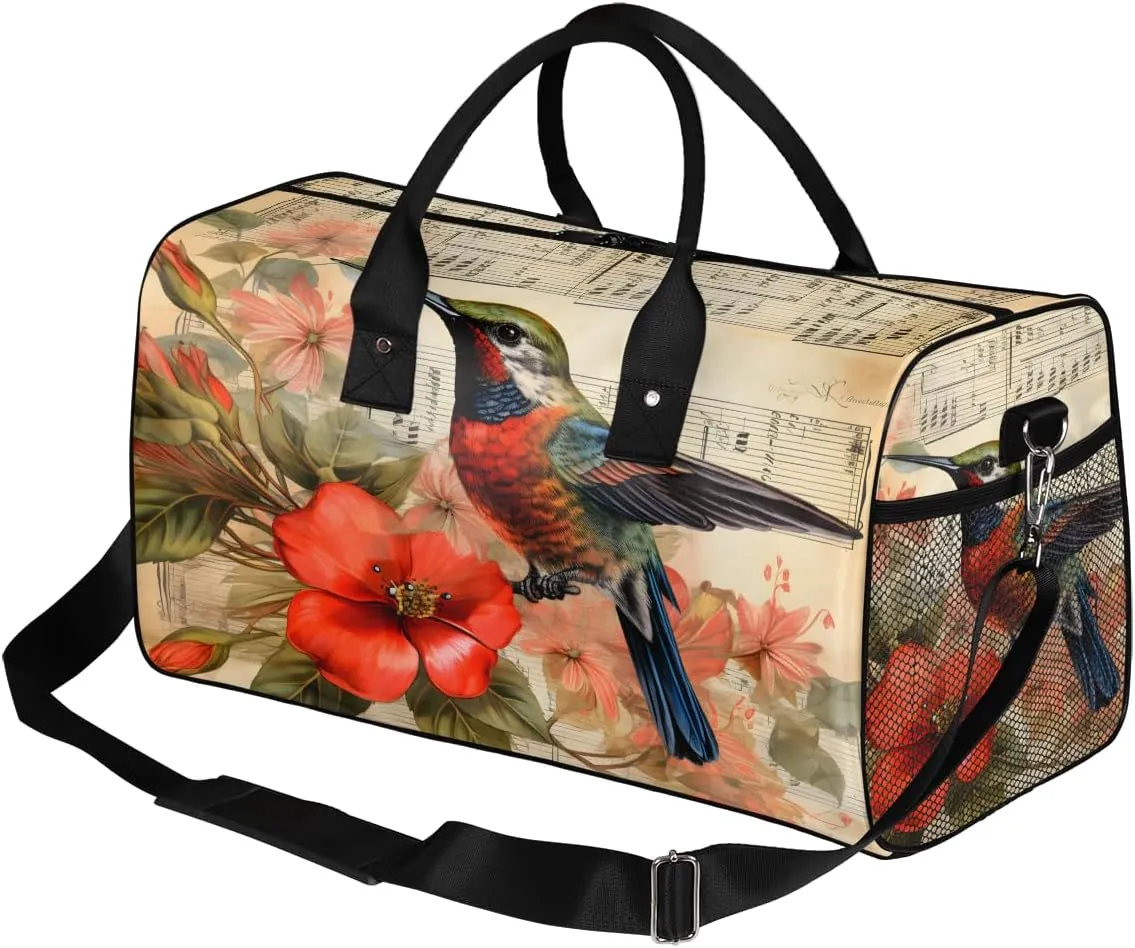 Hummingbird Travel Duffle Bag for Women Men Foldable Waterproof Weekender Bag Carry on Tote for Overnight Sports Gym Musical Note Hummingbirds