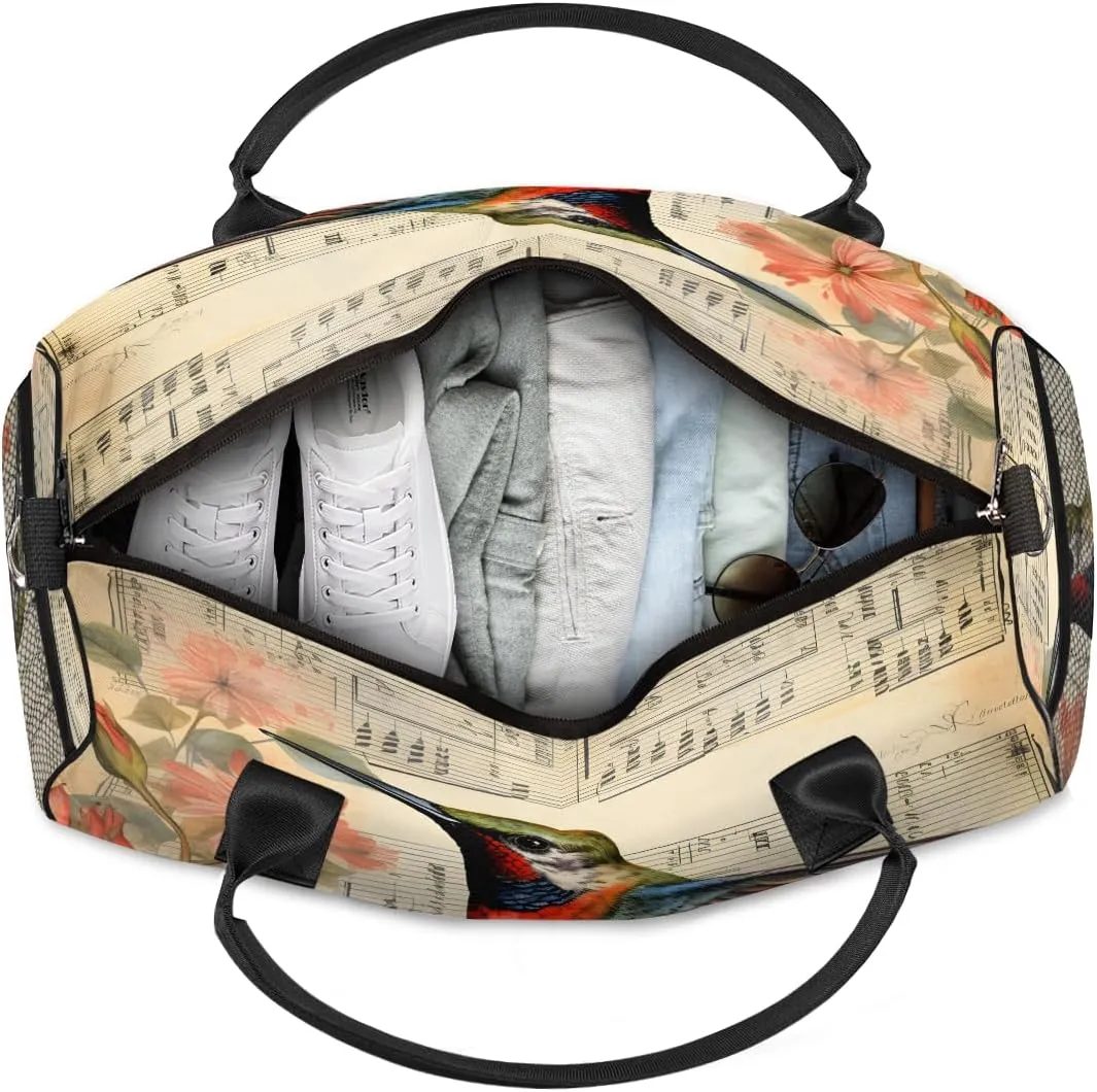 Hummingbird Travel Duffle Bag for Women Men Foldable Waterproof Weekender Bag Carry on Tote for Overnight Sports Gym Musical Note Hummingbirds