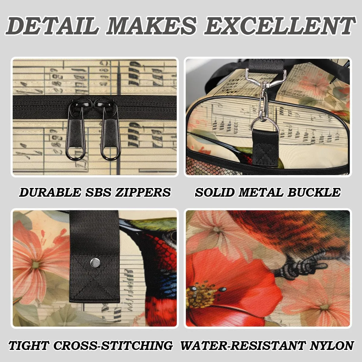 Hummingbird Travel Duffle Bag for Women Men Foldable Waterproof Weekender Bag Carry on Tote for Overnight Sports Gym Musical Note Hummingbirds