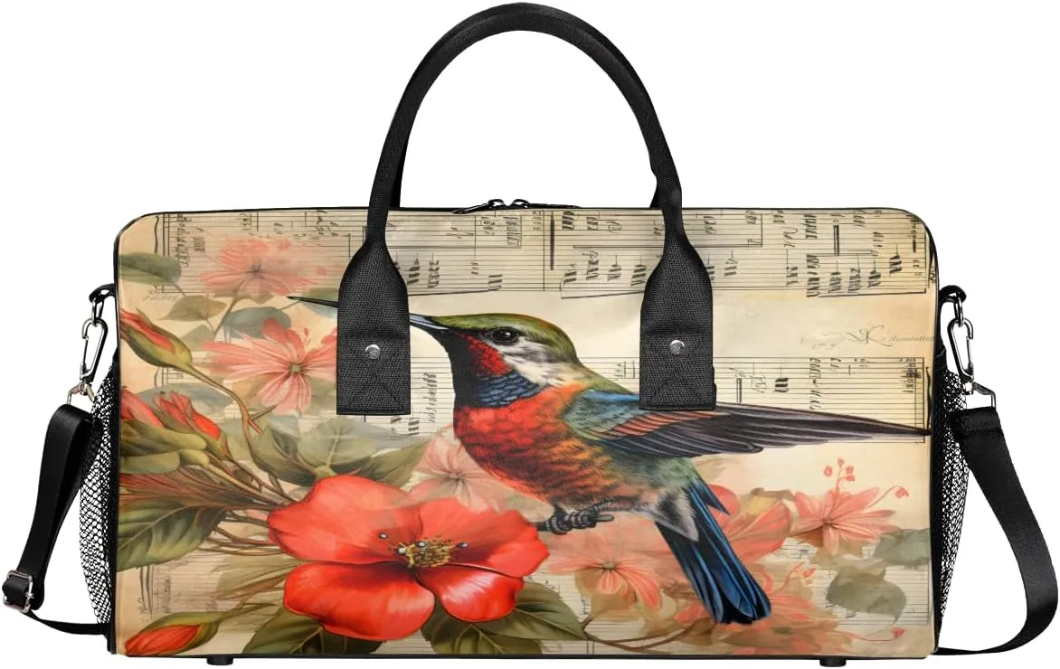 Hummingbird Travel Duffle Bag for Women Men Foldable Waterproof Weekender Bag Carry on Tote for Overnight Sports Gym Musical Note Hummingbirds