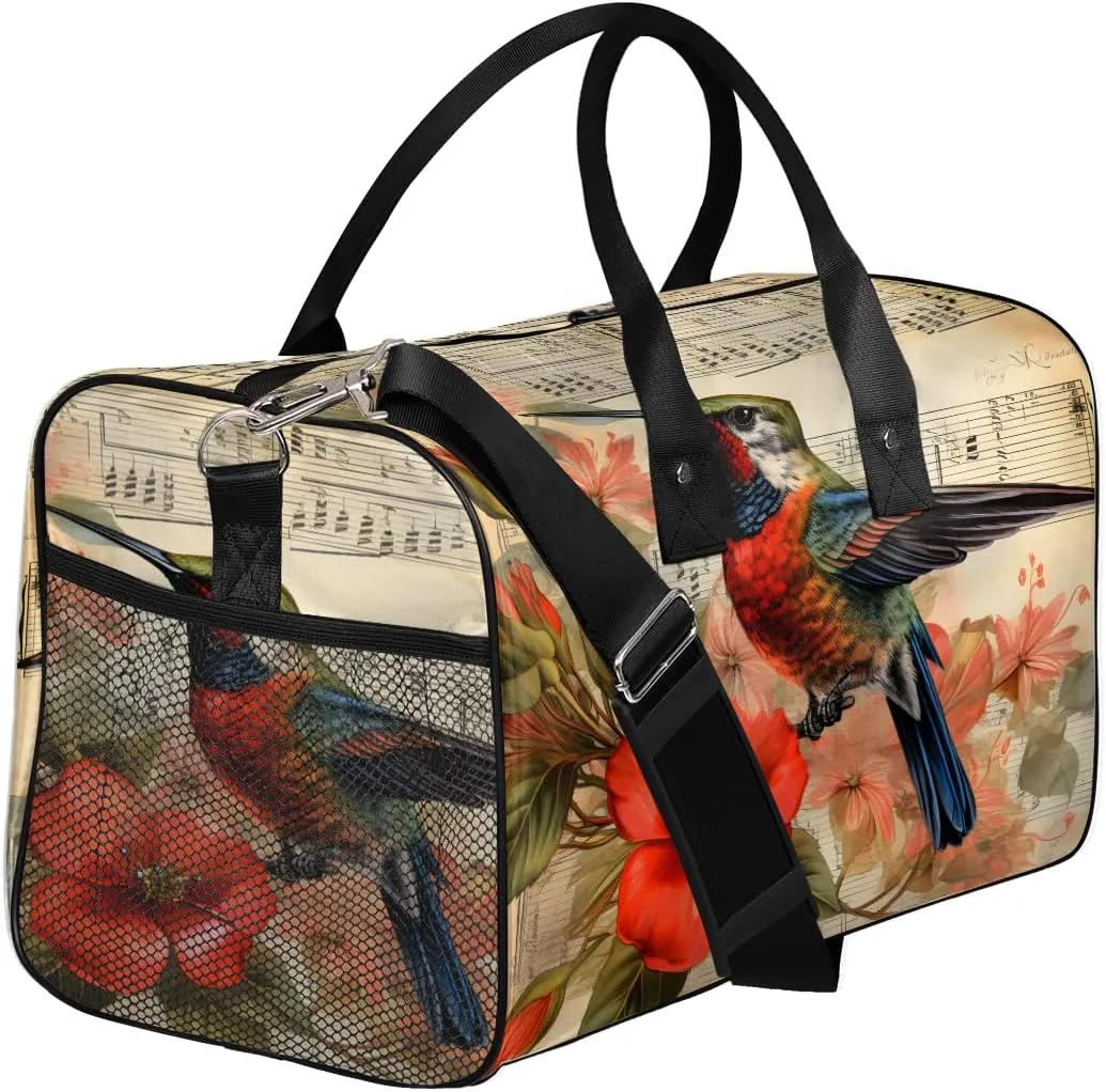 Hummingbird Travel Duffle Bag for Women Men Foldable Waterproof Weekender Bag Carry on Tote for Overnight Sports Gym Musical Note Hummingbirds