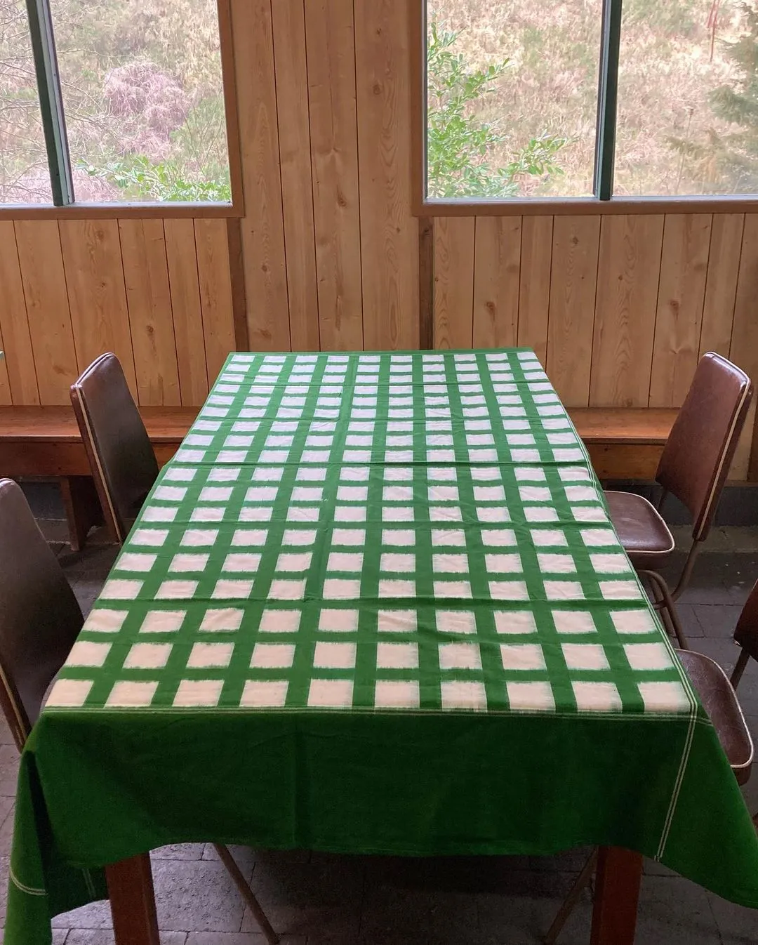 Ikat Weave Tablecloth – Green Grid