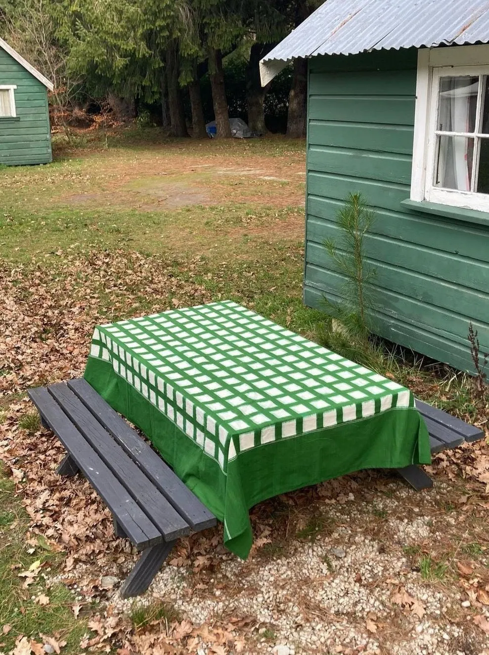 Ikat Weave Tablecloth – Green Grid