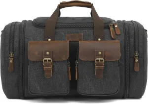 Imyth Retro Crazy Horse Leather Canvas Duffle Bag 60L Expandable Travel Bag for Airplanes (Black)