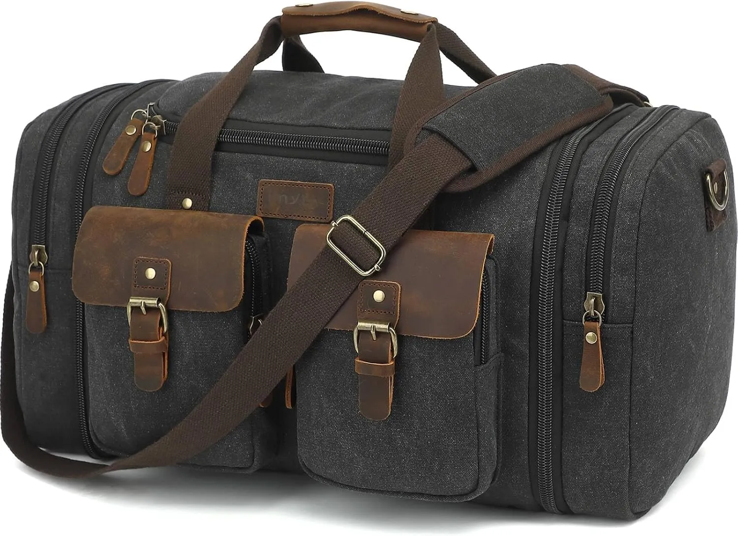 Imyth Retro Crazy Horse Leather Canvas Duffle Bag 60L Expandable Travel Bag for Airplanes (Black)