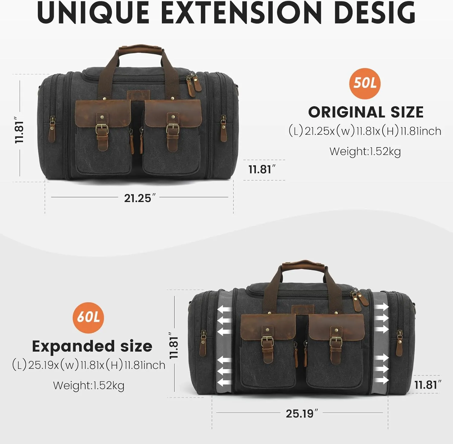 Imyth Retro Crazy Horse Leather Canvas Duffle Bag 60L Expandable Travel Bag for Airplanes (Black)