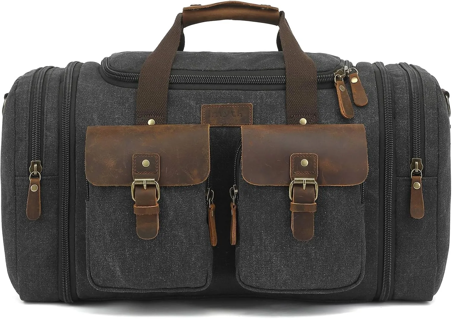 Imyth Retro Crazy Horse Leather Canvas Duffle Bag 60L Expandable Travel Bag for Airplanes (Black)