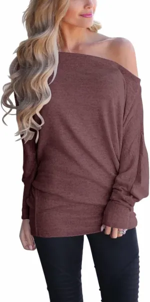 INFITTY Women's Off Shoulder Tops Casual Loose Batwing Sleeve Shirts Tunic Knit Oversized Pullover Sweater