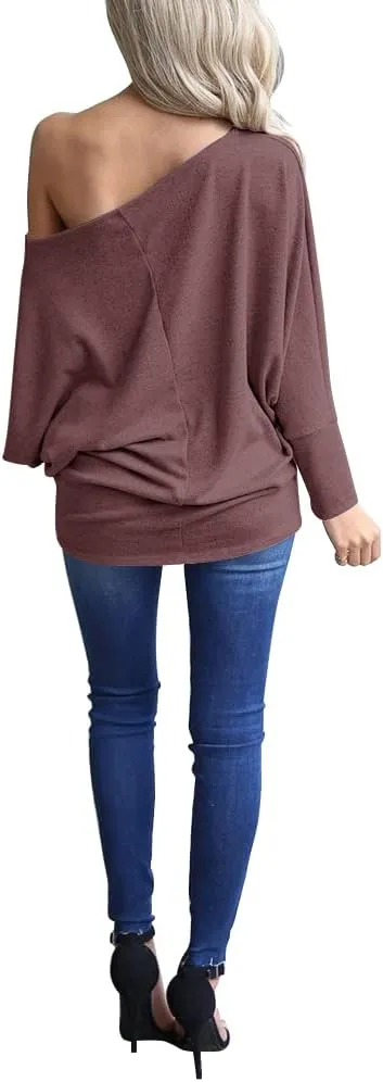 INFITTY Women's Off Shoulder Tops Casual Loose Batwing Sleeve Shirts Tunic Knit Oversized Pullover Sweater