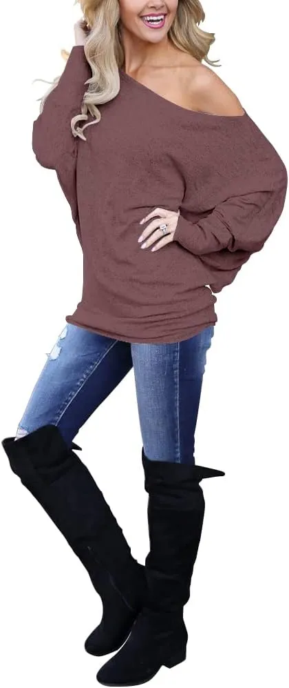INFITTY Women's Off Shoulder Tops Casual Loose Batwing Sleeve Shirts Tunic Knit Oversized Pullover Sweater