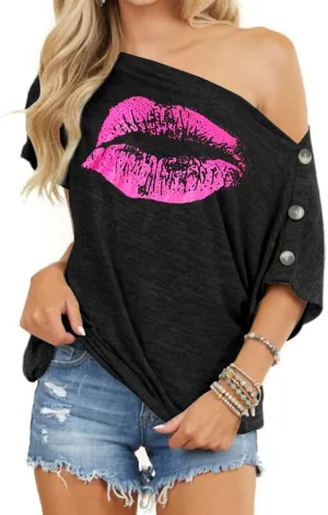 INFITTY Womens Off Shoulder Tops Casual Summer Loose Button Down Short Sleeve Shirt Tunic Blouse