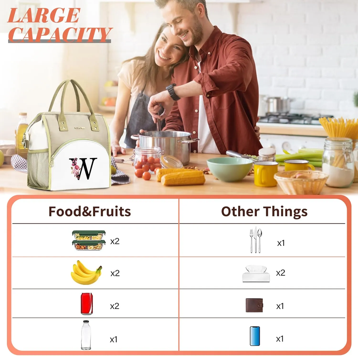Initial Lunch Bag Women, Cooler Insulated Lunch Bag, Large Adult Leakproof Lunch Box for Picnic Work, Personalized Tote Bag, Birthday Gifts/Mother's Day Gifts, Letter F.
