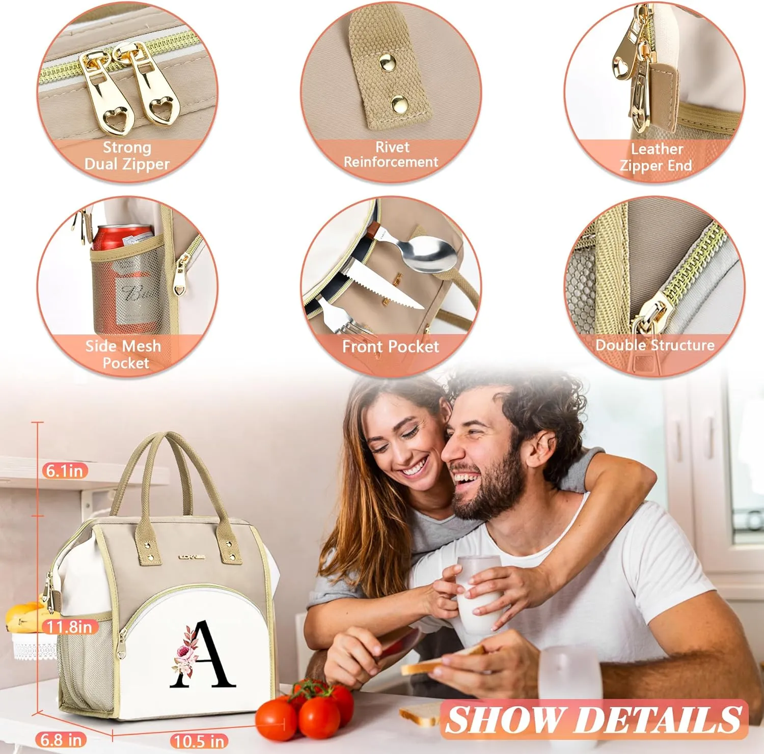 Initial Lunch Bag Women, Cooler Insulated Lunch Bag, Large Adult Leakproof Lunch Box for Picnic Work, Personalized Tote Bag, Birthday Gifts/Mother's Day Gifts, Letter F.
