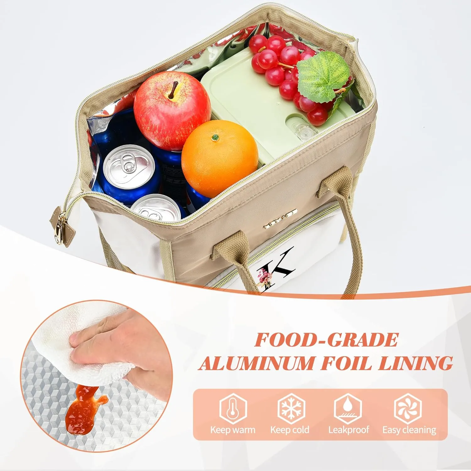 Initial Lunch Bag Women, Cooler Insulated Lunch Bag, Large Adult Leakproof Lunch Box for Picnic Work, Personalized Tote Bag, Birthday Gifts/Mother's Day Gifts, Letter F.