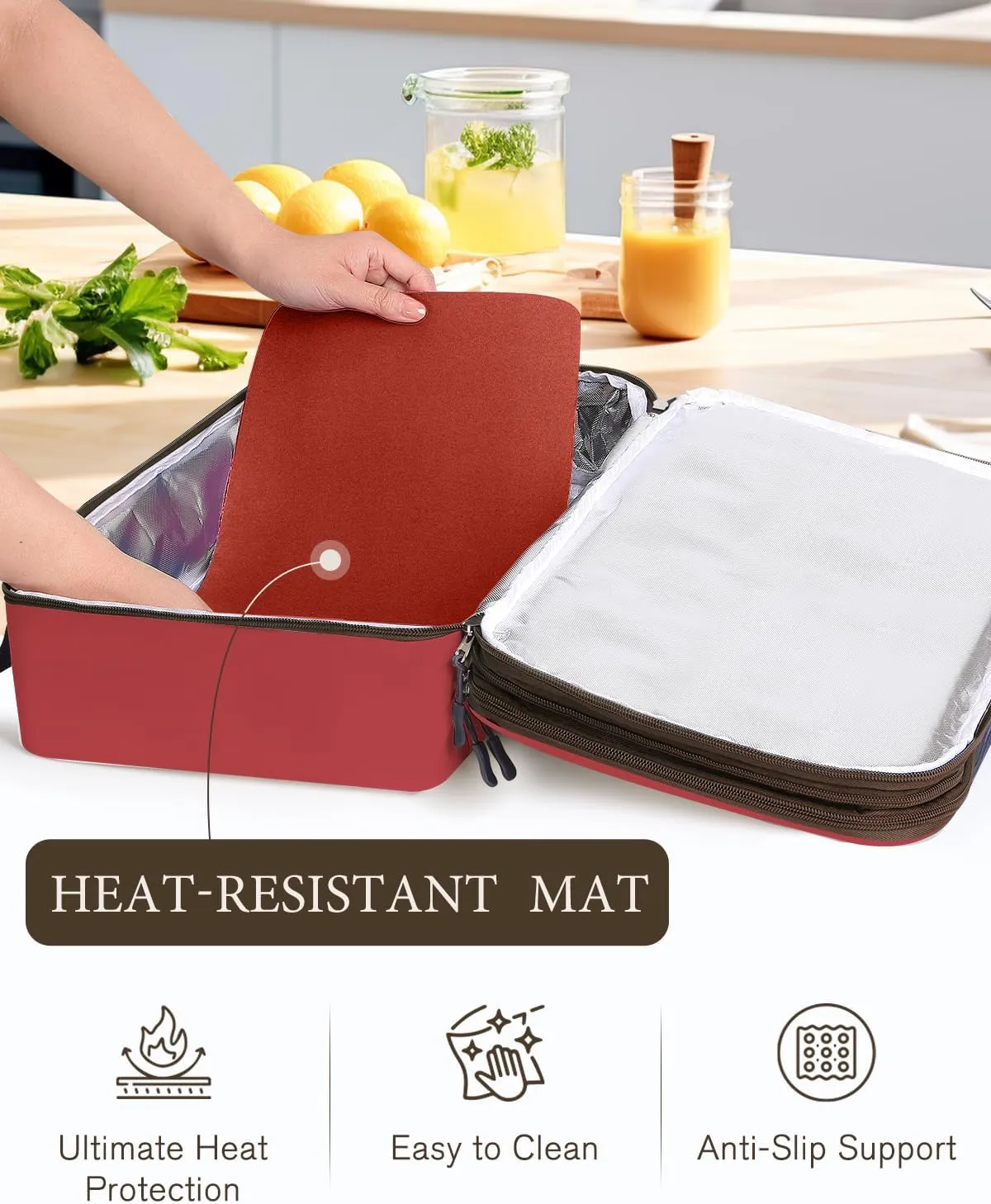 Insulated Casserole Carrier for Hot or Cold Food 9x13 - Insulated Food Container Bag Warmer with Heat-Resistant Mat for Potluck Parties Picnic Cookouts Fits 9" x 13" Casserole or Baking Dish