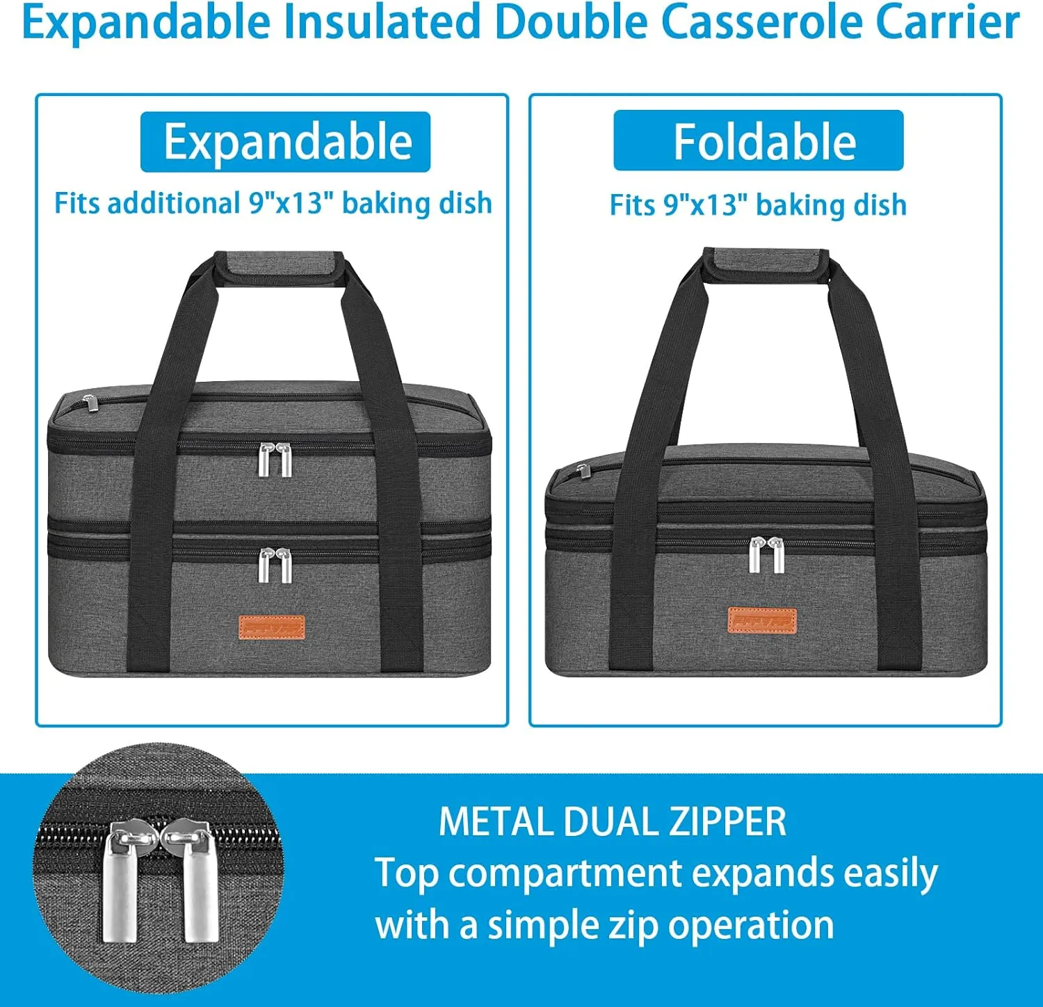 Insulated Double Decker Casserole Carrier for Hot or Cold Food, Expandable Food Carrier for Potluck Parties, Picnic, Cookouts, Fits 11 x 15 or 9 x 13 Lasagna Pan, Baking Dish（Gray）