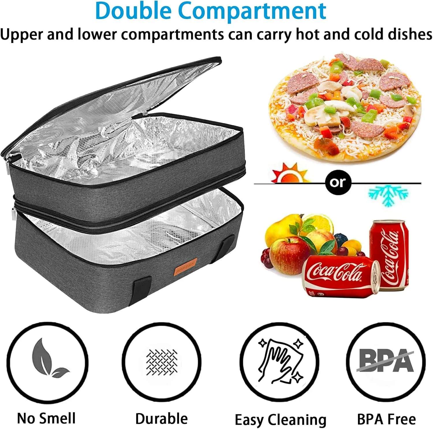 Insulated Double Decker Casserole Carrier for Hot or Cold Food, Expandable Food Carrier for Potluck Parties, Picnic, Cookouts, Fits 11 x 15 or 9 x 13 Lasagna Pan, Baking Dish（Gray）