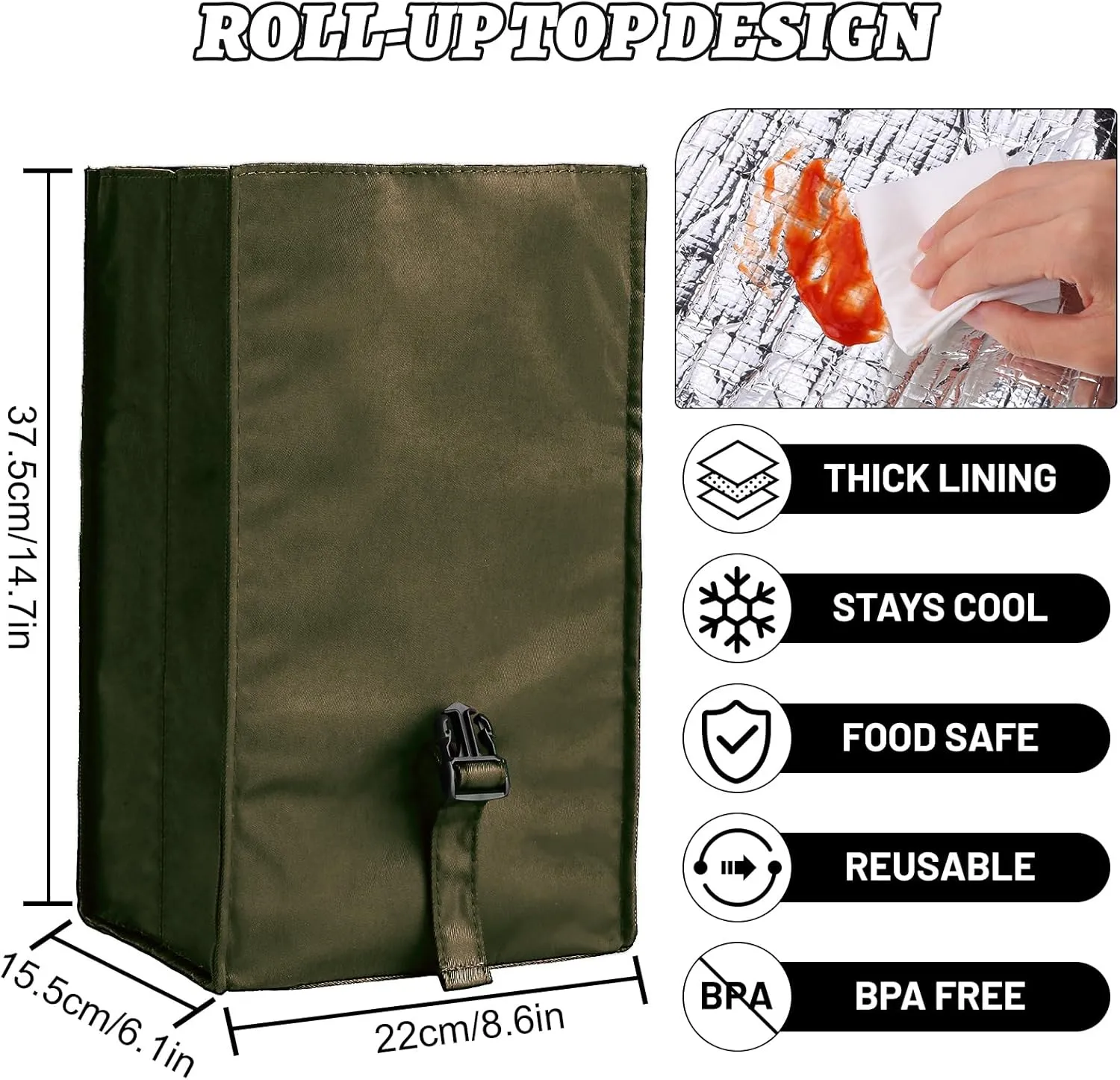 Insulated Foldable Lunch Bag- Lightweight Portable with Adjustable Shoulder Strap Lunch Box for Men, Women, Office, Work, Picnic, Hiking and Beach (Army Green(Soft Fabric))