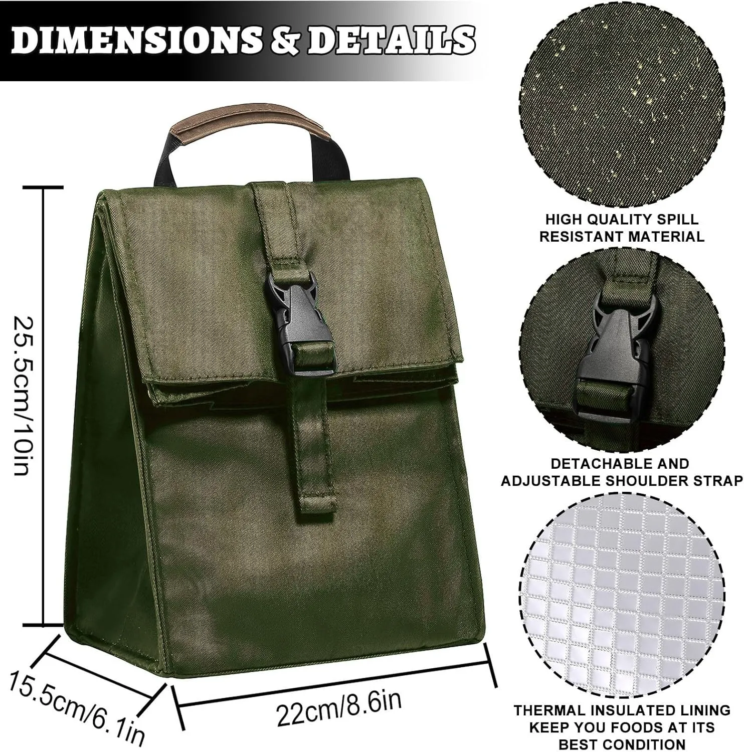 Insulated Foldable Lunch Bag- Lightweight Portable with Adjustable Shoulder Strap Lunch Box for Men, Women, Office, Work, Picnic, Hiking and Beach (Army Green(Soft Fabric))