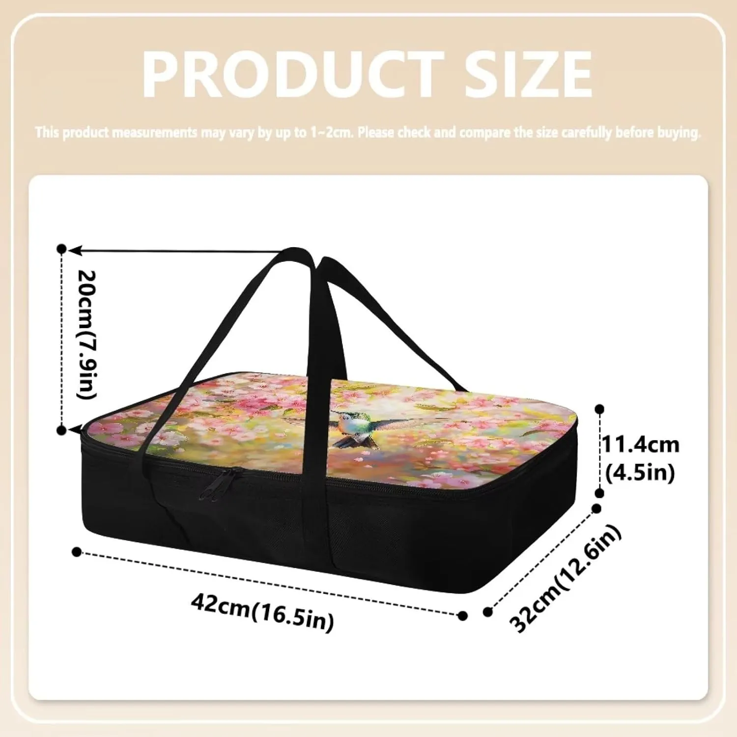 Insulated Food Carrier Thermal Lunch Bag for Hot or Cold Food Casserole Carrier for Travel Outdoor Dining Events Fits 9" x 13" Casserole Pans, Spring Pink Peach Blossom Hummingbird