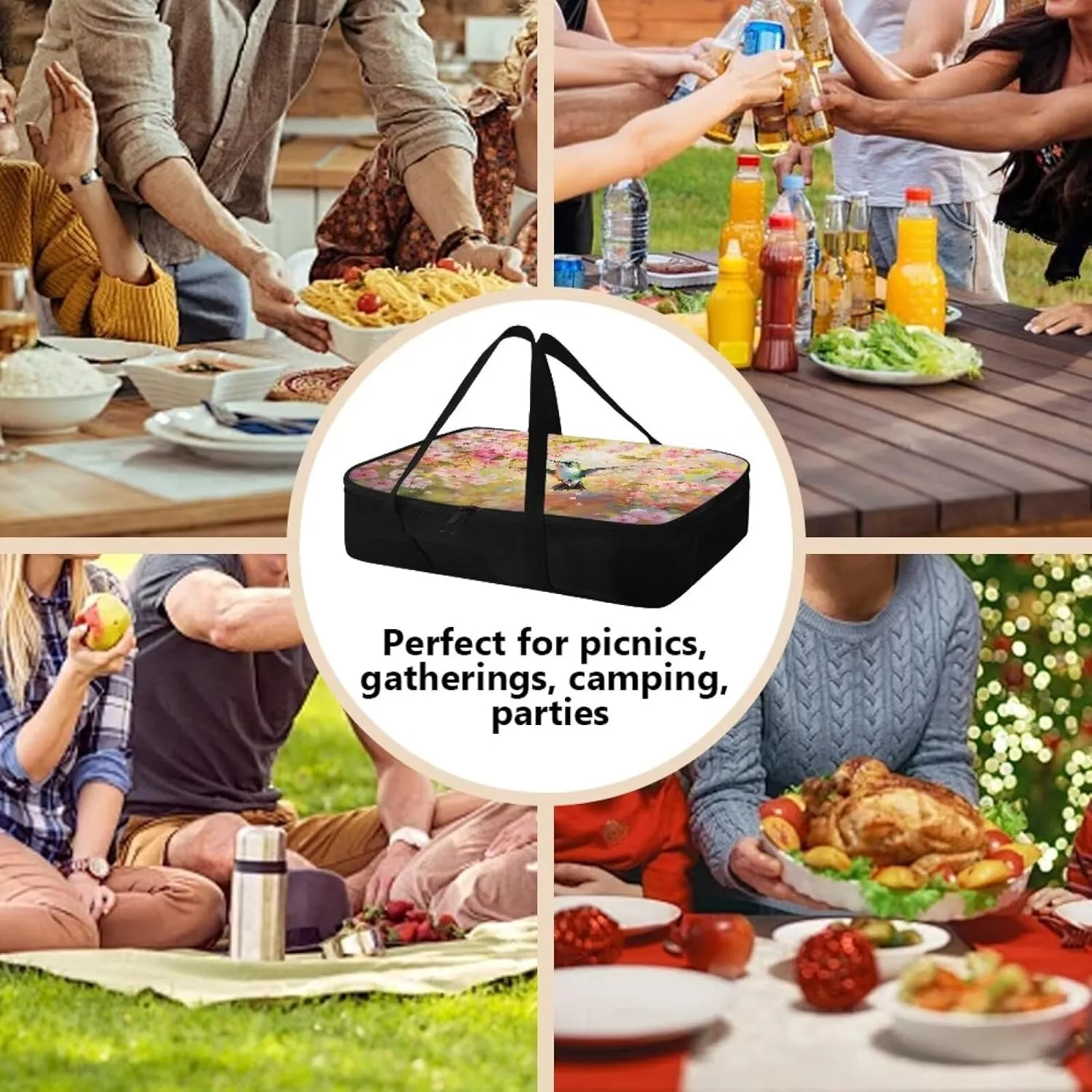 Insulated Food Carrier Thermal Lunch Bag for Hot or Cold Food Casserole Carrier for Travel Outdoor Dining Events Fits 9" x 13" Casserole Pans, Spring Pink Peach Blossom Hummingbird