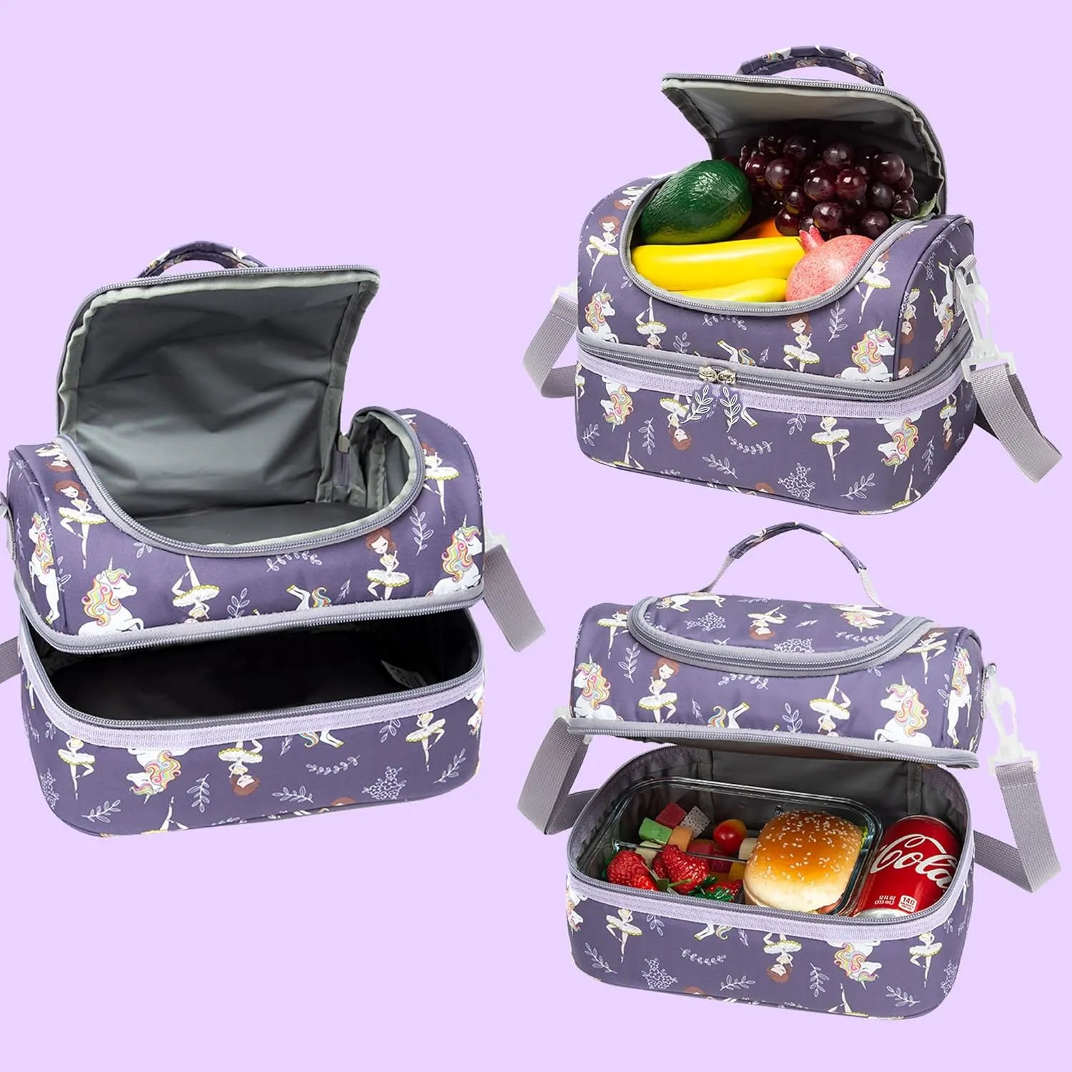 Insulated Kids Dual Compartment Lunch Bag Tote Pack for Girls Boys Toddler Kindergarten School Picnic Food Cooler Hot Water Ice with Strap (Ballet Dancer)