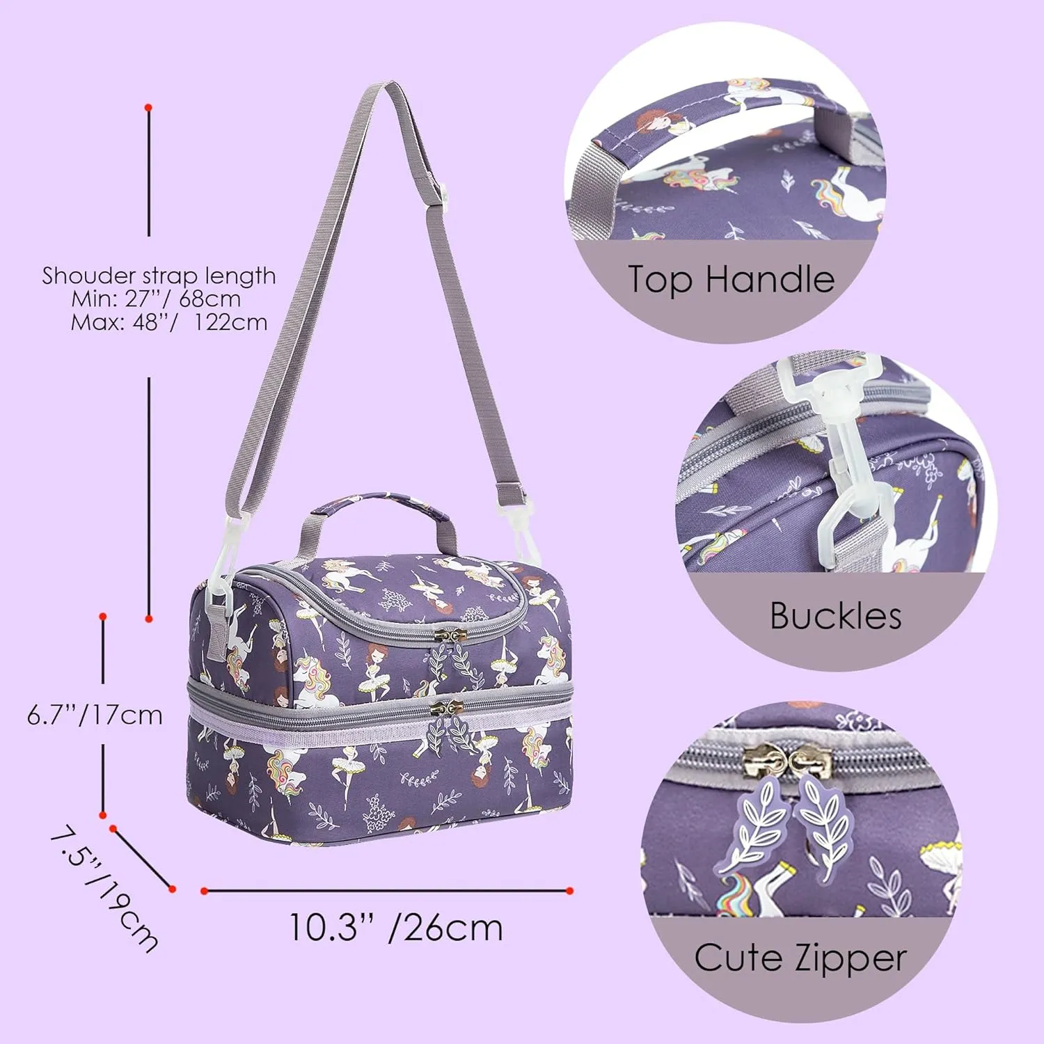 Insulated Kids Dual Compartment Lunch Bag Tote Pack for Girls Boys Toddler Kindergarten School Picnic Food Cooler Hot Water Ice with Strap (Ballet Dancer)