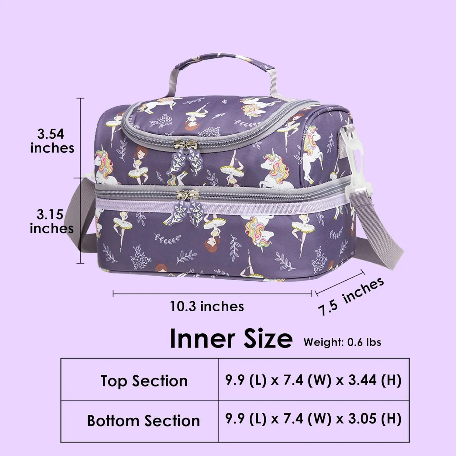 Insulated Kids Dual Compartment Lunch Bag Tote Pack for Girls Boys Toddler Kindergarten School Picnic Food Cooler Hot Water Ice with Strap (Ballet Dancer)