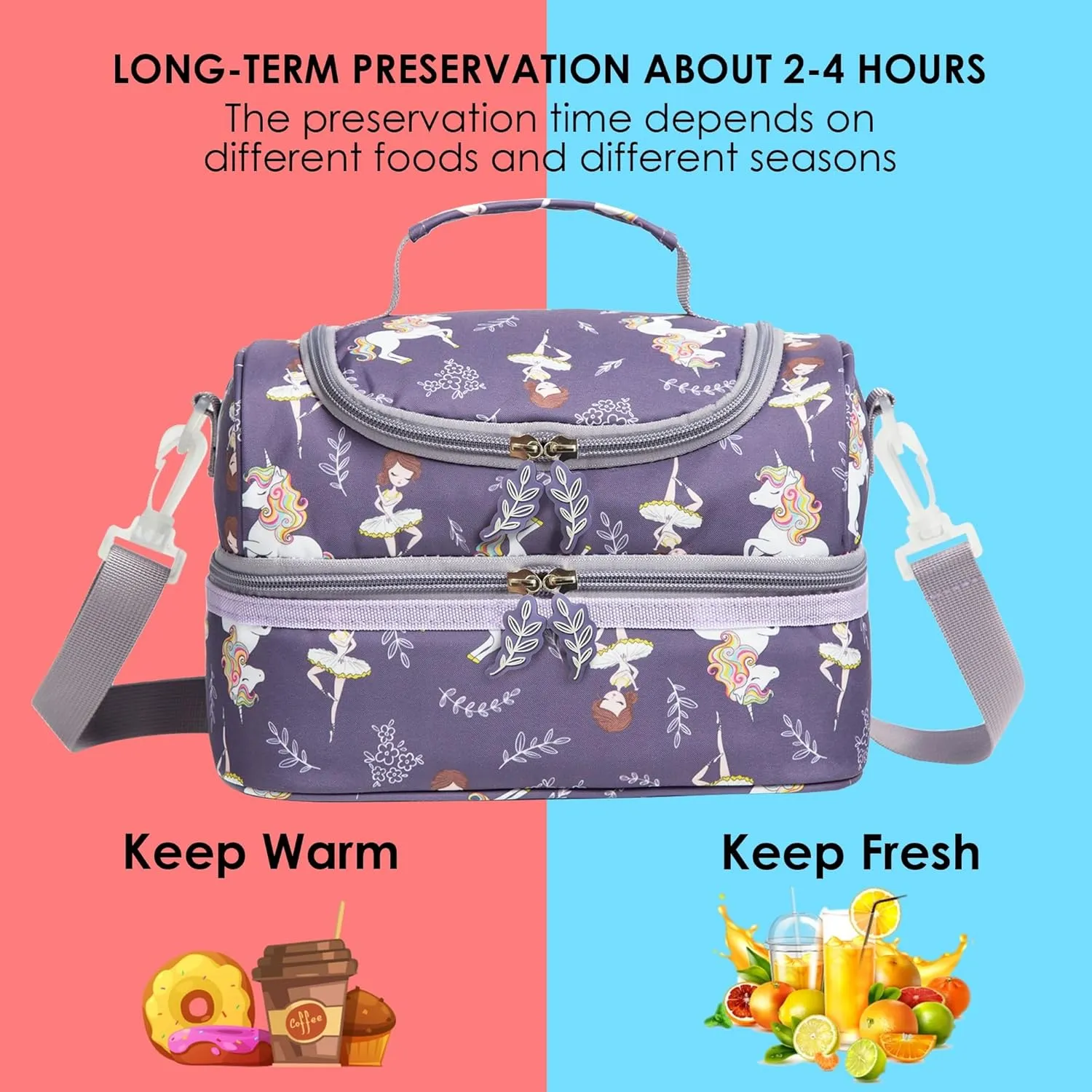 Insulated Kids Dual Compartment Lunch Bag Tote Pack for Girls Boys Toddler Kindergarten School Picnic Food Cooler Hot Water Ice with Strap (Ballet Dancer)