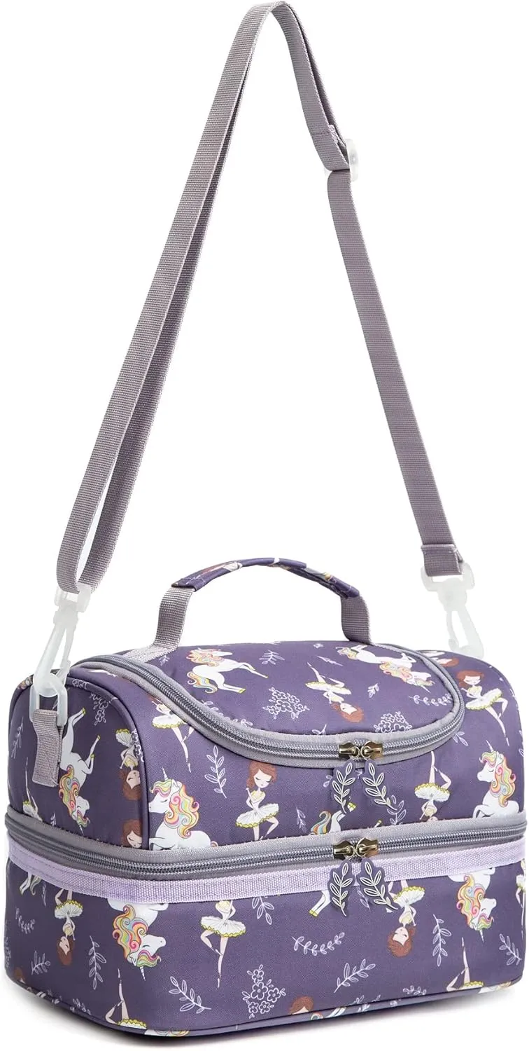 Insulated Kids Dual Compartment Lunch Bag Tote Pack for Girls Boys Toddler Kindergarten School Picnic Food Cooler Hot Water Ice with Strap (Ballet Dancer)