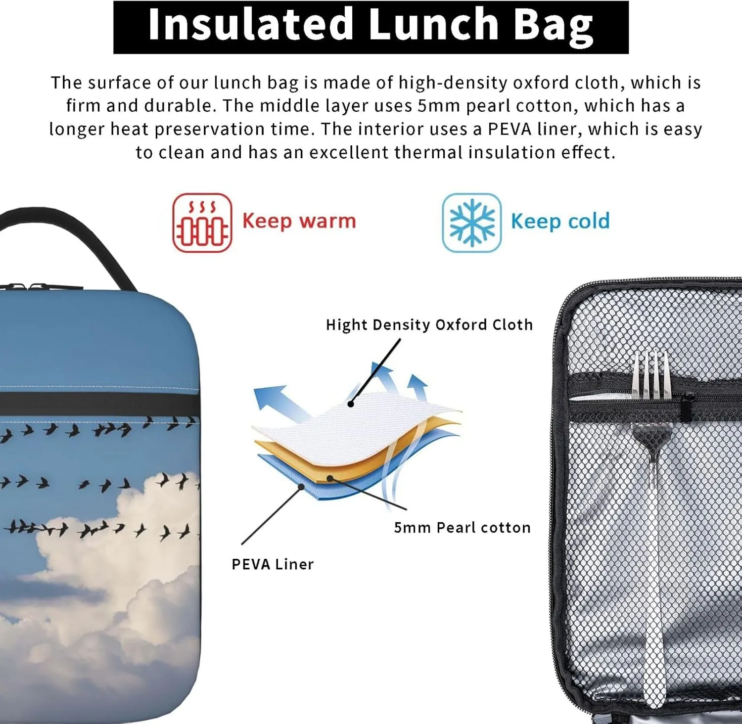 Insulated Lunch Bag Bird migration Lunch Box for Women Men Lunch Tote Bag for Work Picnic Travel
