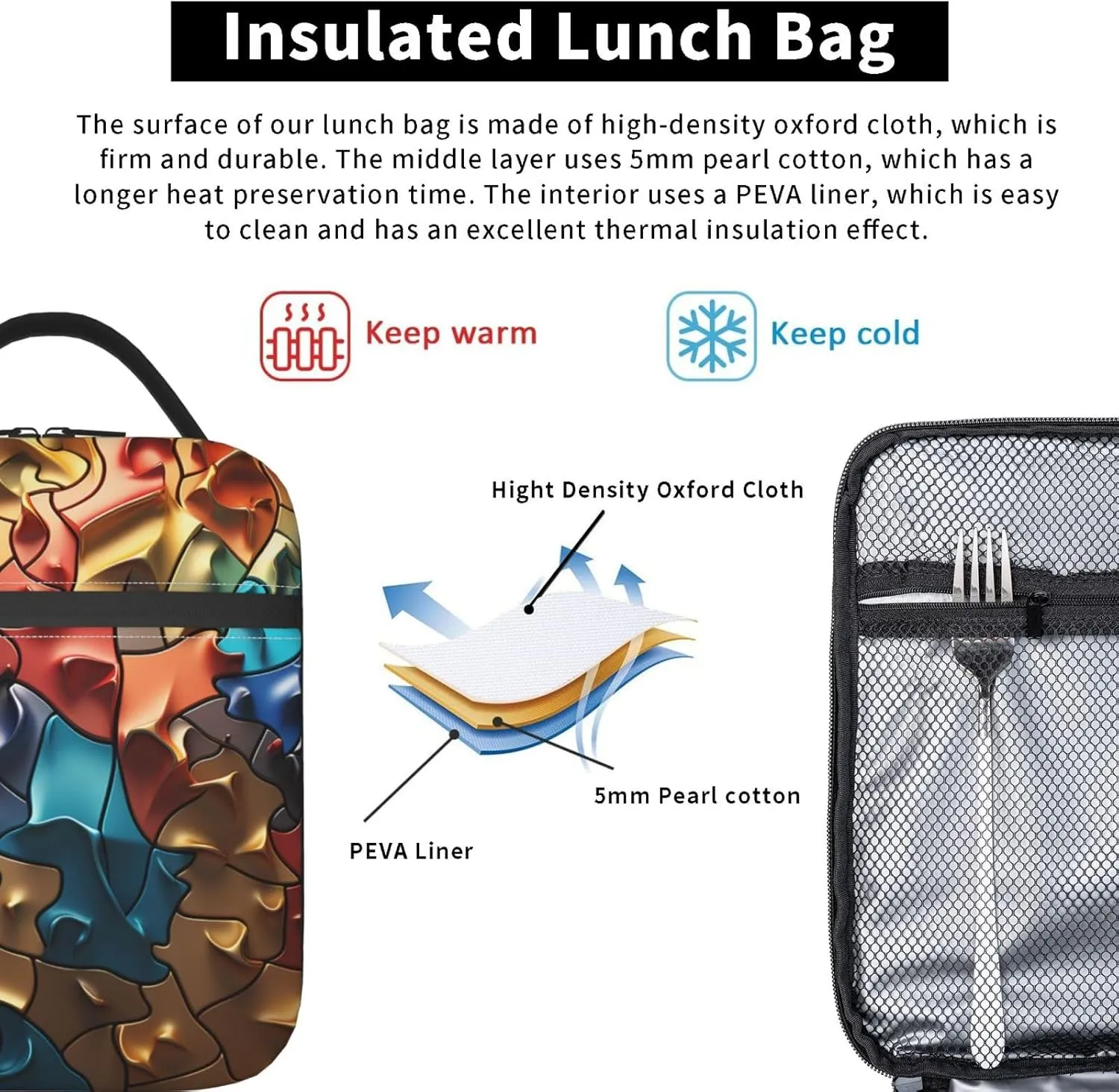 Insulated Lunch Bag for Women Men Portable Reusable Lunch Box Raised Jigsaw Puzzle Lunch Tote Bag for Work Picnic Travel