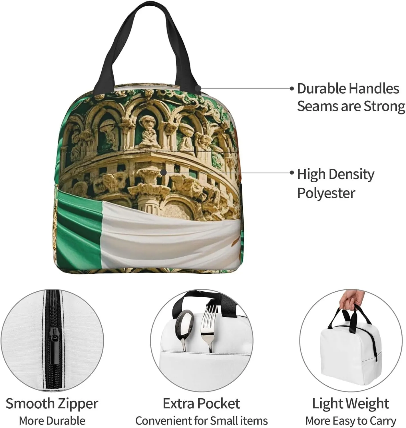 Insulated Lunch Bag for Women Men Portable Reusable Lunch Box Roman Italian Flag Lunch Tote Bag for Work Picnic Travel