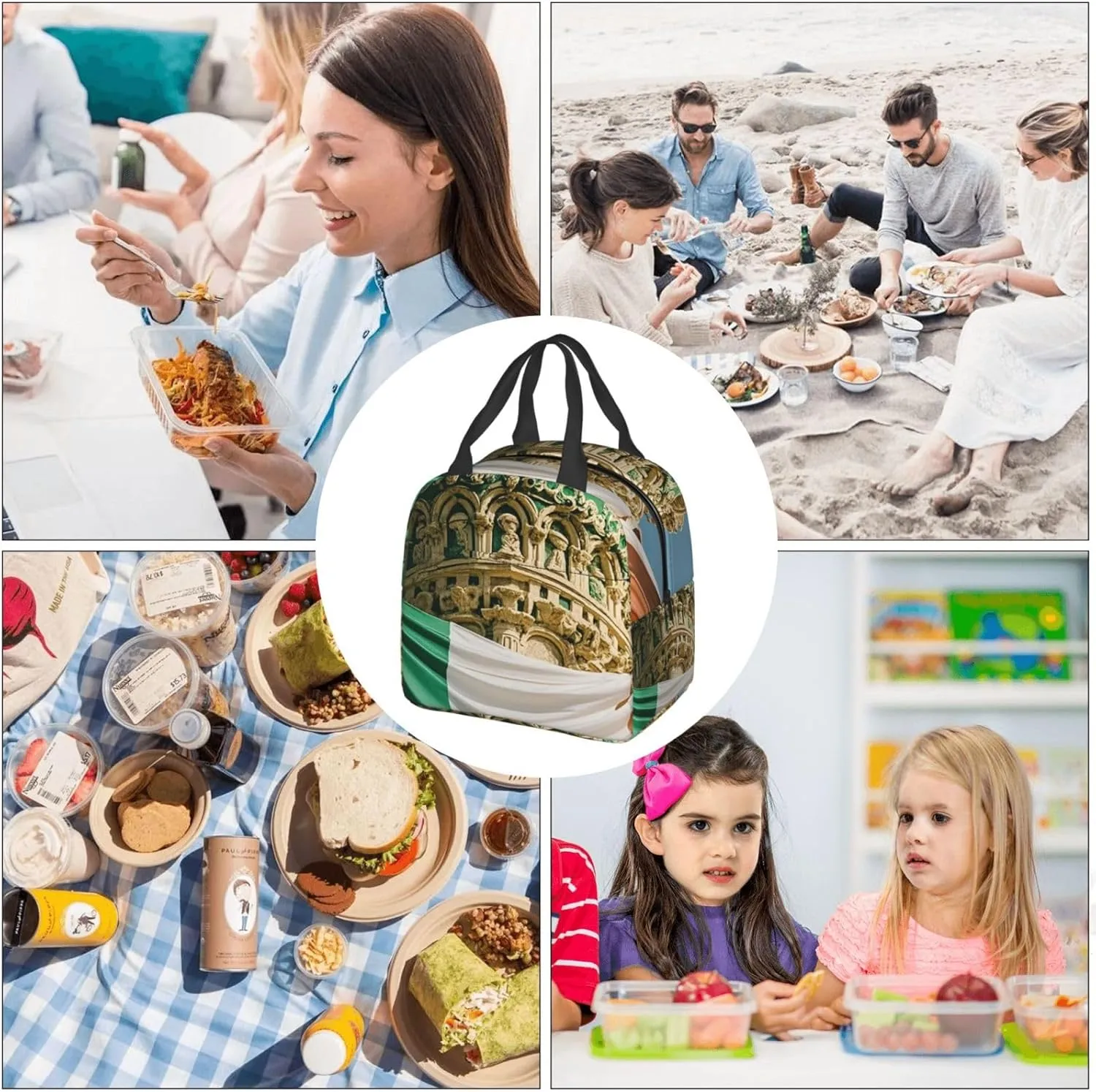 Insulated Lunch Bag for Women Men Portable Reusable Lunch Box Roman Italian Flag Lunch Tote Bag for Work Picnic Travel